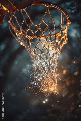 Warm light filters through a basketball net adorned with sparkles, creating a cozy atmosphere