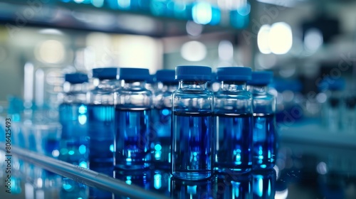 Close up of blue liquid in vials with syringe for medical or cosmetic production on blurred background, close up.