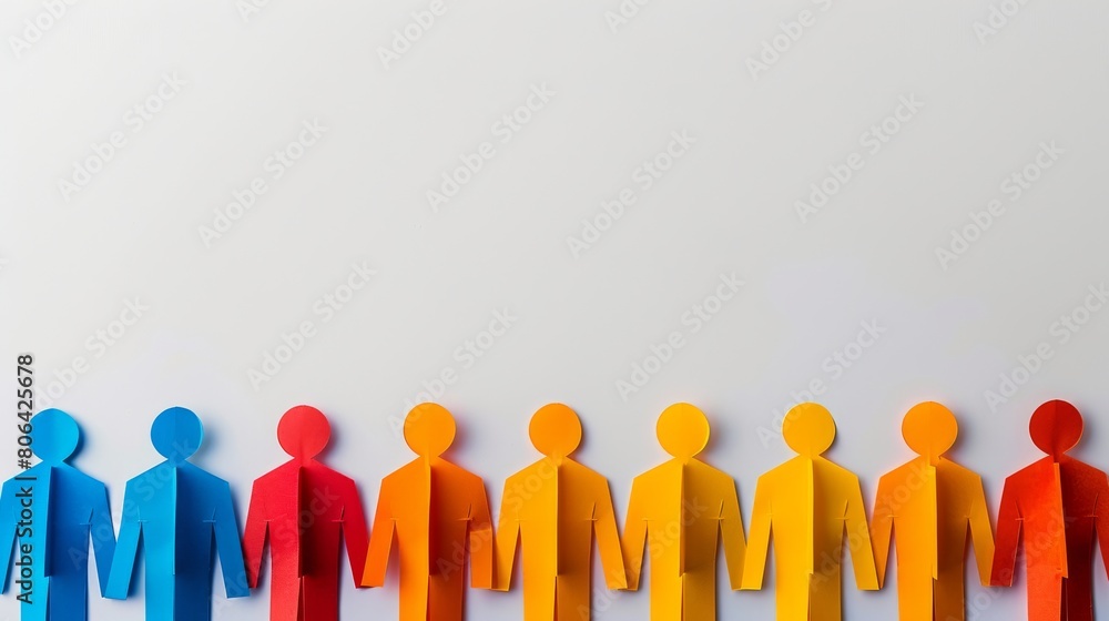 Colorful paper people standing in row on white background, concept of human diversity and pride month with copy space for text , high resolution photography. Colorful paper people standing in row on white background, concept of human diversity and pride month with copy space for text , high resolution photography.