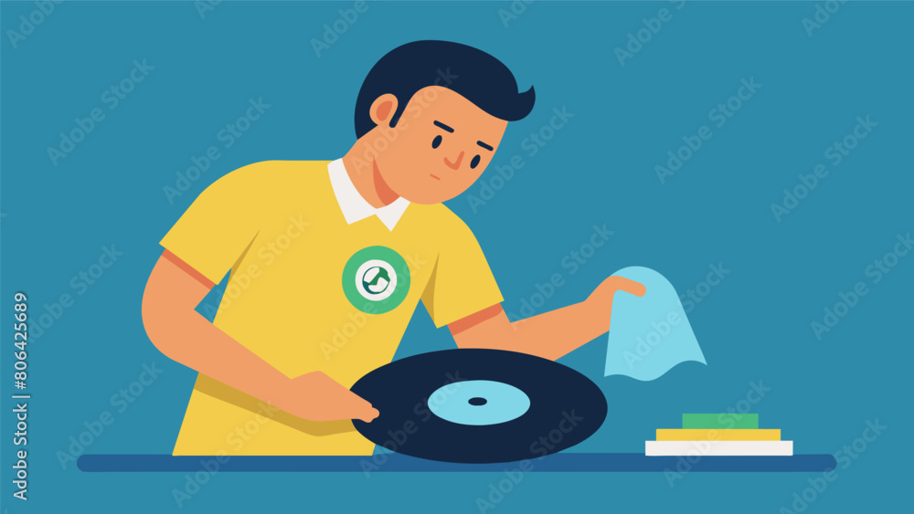 The record cleaning technician wearing a shirt with the services logo carefully wiping down a record with a microfiber cloth. Vector illustration The record cleaning technician wearing a shirt with the services logo carefully wiping down a record with a microfiber cloth. Vector illustration