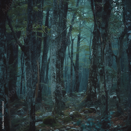 Mystical Forest Scene with Fog and Ethereal Light