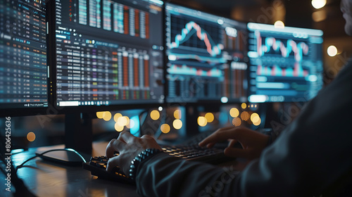 Financial Analysts and Day Traders Working on a Computers with Multi-Monitor Workstations with Real-Time Stocks, Commodities and Exchange Market Charts. photo