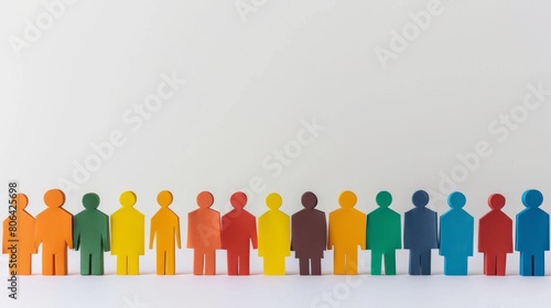 Colorful paper people standing in row on white background, concept of human diversity and pride month with copy space for text , high resolution photography.