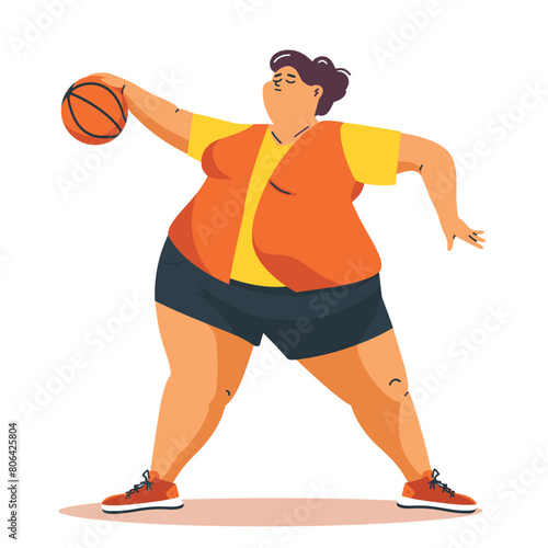 Plussize female basketball player dribbling ball, sporty outfit, active pose. Curvy woman engaging sports, promoting body positivity diversity athletics. Cartoon style, isolated white background