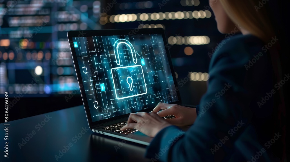 Concept of data protection and cyber security, close up woman hands typing on laptop with digital padlock icon hologram floating above the keyboard. Concept of data protection and cyber security, close up woman hands typing on laptop with digital padlock icon hologram floating above the keyboard.