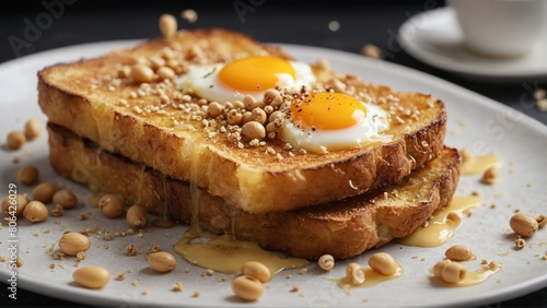 Kinako French Toast Thick slices of bread dipped in egg batter and coated with kinako (roasted soybean flour), often served with sweet syrup.