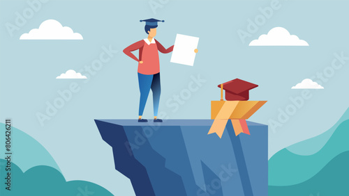 An image of a person standing at the edge of a cliff holding a diploma and a stack of loan documents symbolizing the conflicting feelings of. Vector illustration