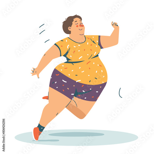 Cheerful overweight woman dancing joyfully, body positivity representation, plussize female active lifestyle illustration. Confident woman vibrant clothing enjoying herself, happy dance movement