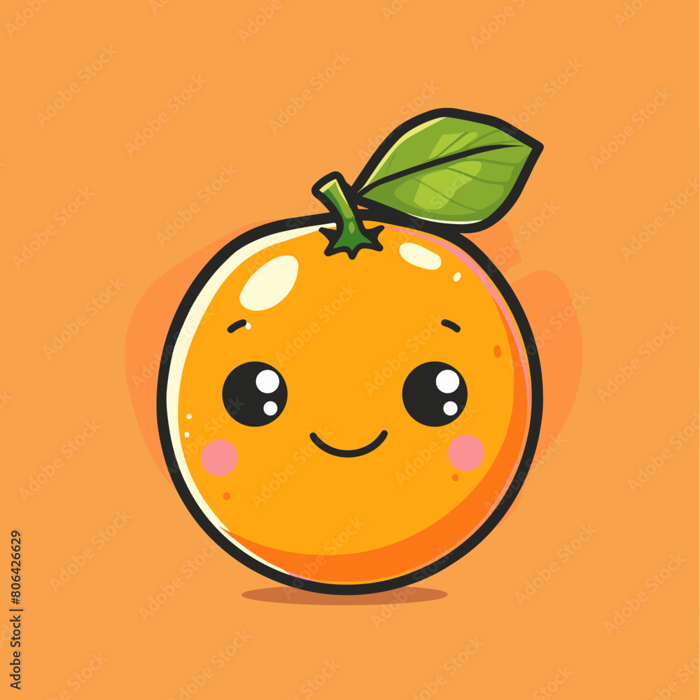 Obraz premium A cartoon orange with a green leaf on top. It is smiling and has a cute expression. The orange is drawn in a cartoon style, with a happy and friendly demeanor