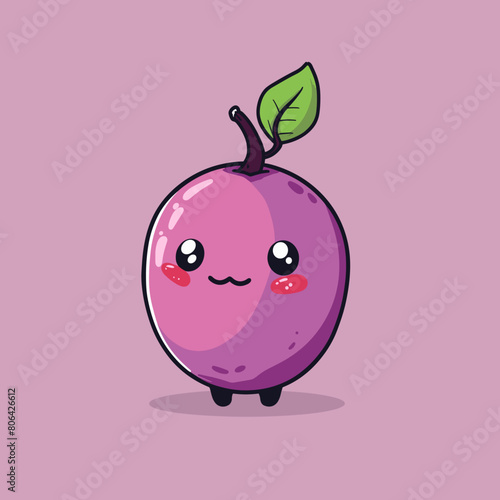 A cartoon fruit with a green leaf on top. The fruit is smiling and has a cute expression