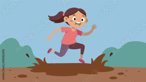 A girl leaping over a muddy pit with a focused expression on her face.. Vector illustration