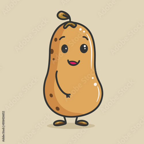 A cartoon potato is smiling and walking on a white background. The potato is happy and has a positive attitude