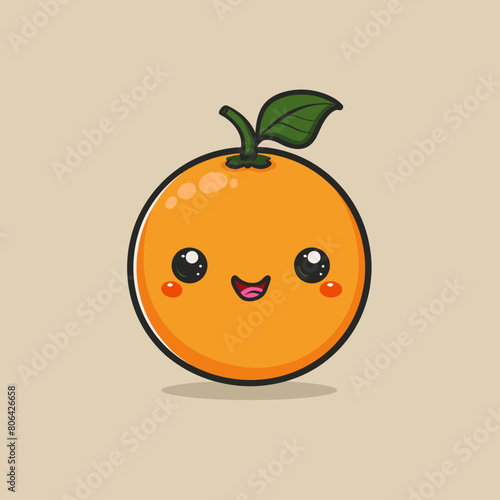 A cartoon orange with a leaf on top of it. The orange is smiling and has a happy expression