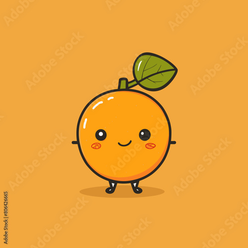 A cartoon orange with a leaf on top of it. The orange is smiling and has a happy expression