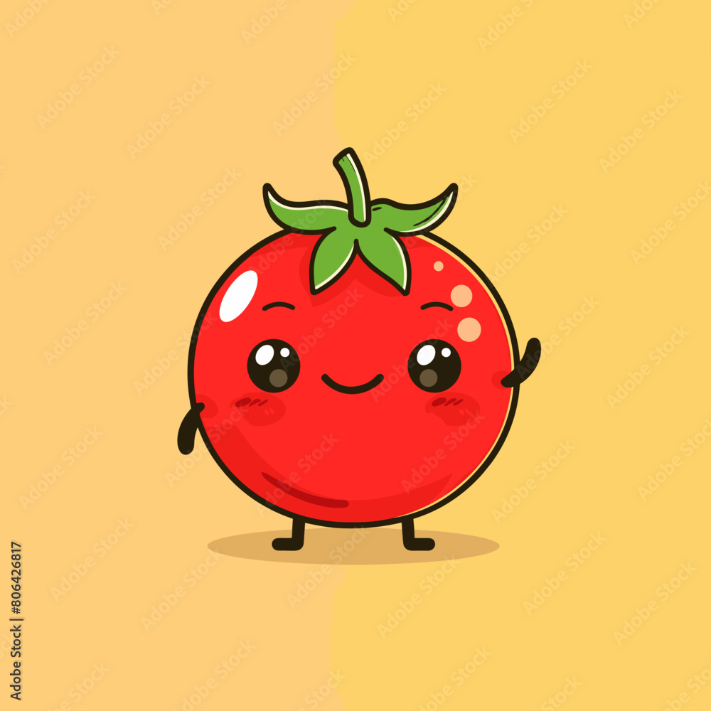 A cartoon tomato with a smile on its face. The tomato is wearing a green stem and is standing on a yellow background A cartoon tomato with a smile on its face. The tomato is wearing a green stem and is standing on a yellow background