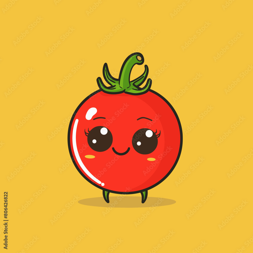 A cartoon tomato with a smile on its face. The tomato is wearing a green stem and is standing on a yellow background A cartoon tomato with a smile on its face. The tomato is wearing a green stem and is standing on a yellow background
