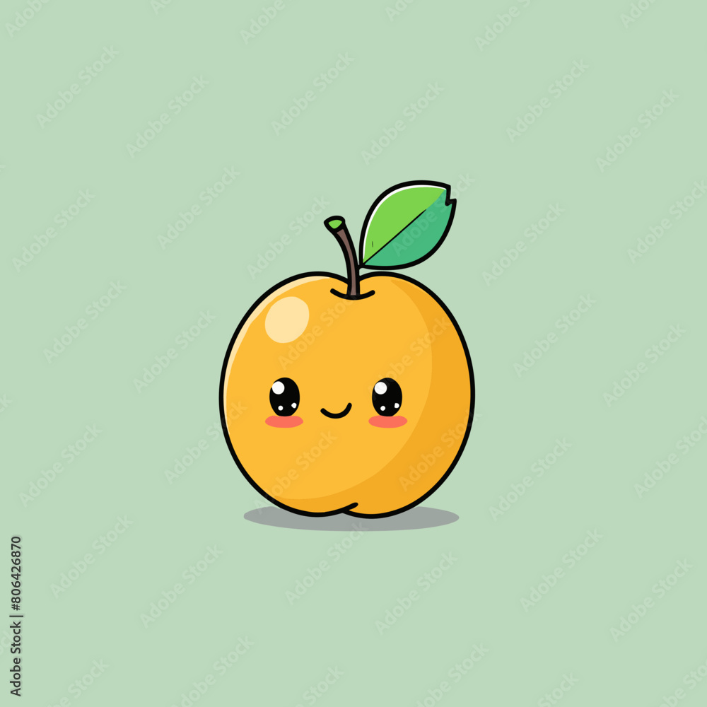 A cartoonish Yellow plum with a green leaf on top. The fruit is smiling and has a happy expression A cartoonish Yellow plum with a green leaf on top. The fruit is smiling and has a happy expression