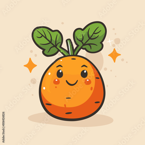 A cartoon Yam fruit with a leaf on top. The fruit is smiling and has a happy expression