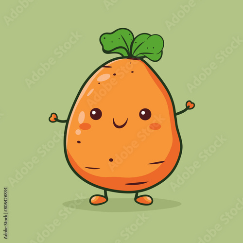 A cartoon Yam with a smile on its face. The Yam is sitting on a green background. The Yam is smiling and has a happy expression