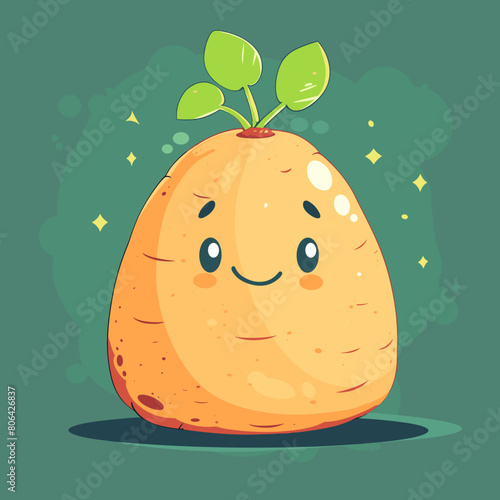 A cartoon Yam with a smile on its face. The Yam is sitting on a green background. The Yam is smiling and has a happy expression