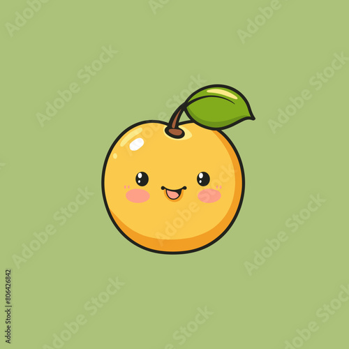 A cartoon apple with a green leaf on top. The apple is smiling and has a cute face