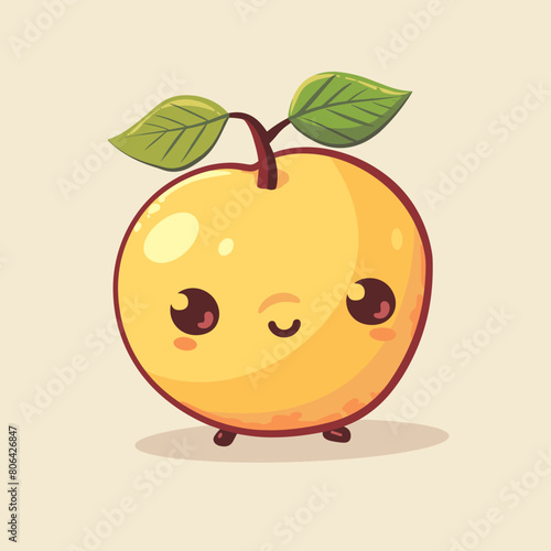 A cartoon apple with a green leaf on top. The apple is smiling and has a cute face
