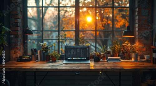 Laptop on an office table in front of large windows, open MacOS display with design software and graphic tools such as Figma or Sketchbook app. photo