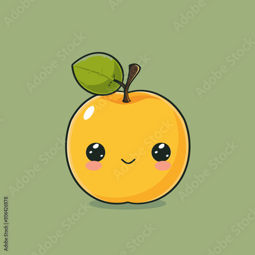 A cartoonish Yellow plum with a green leaf on top. The fruit is smiling and has a happy expression