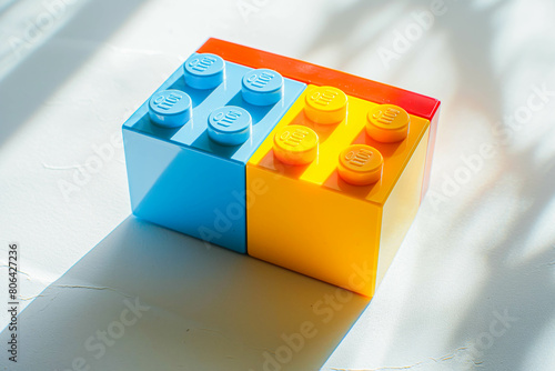 A single, colorful lego brick, with different interlocking points visible, resting on a white background. Sunlight shines from above, casting a shadow.