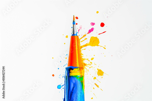 A single, colorful marker pen with a bold tip, held upright with a splatter of paint on the tip, on a clean white background. photo