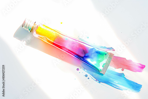A single  colorful paint tube with a silver cap and a small amount of paint squeezed out onto a white background. Sunlight illuminates the paint from above.