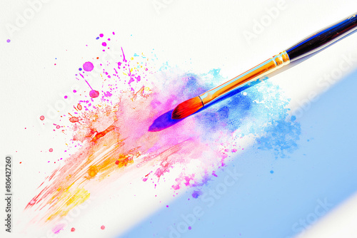 A single, colorful paintbrush with a fine tip, resting on a white background with a splatter of vibrant paint beside it. Sunlight illuminates the brush from above. © VisualProduction