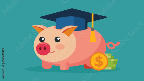 A piggy bank dressed in a graduation cap and gown representing the need to prioritize saving for a home over frivolous spending while repaying student. Vector illustration