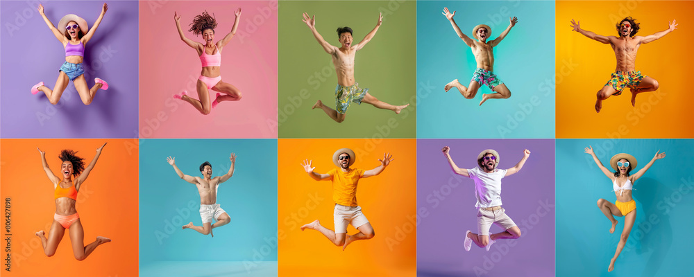 Summer people collection set, diverse people jumping on colorful background, many people funny jump wearing summer outfit fashion ready for swim and summer activity, summertime, beachwear AIG48