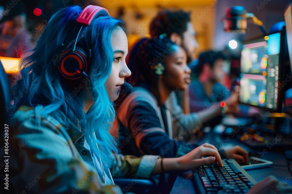 A group of gamers focused on their computer screens during a competitive gaming event. The image captures the intensity and concentration of esports. A group of gamers focused on their computer screens during a competitive gaming event. The image captures the intensity and concentration of esports.