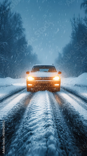 car bright headlights piercing through heavy snowfall