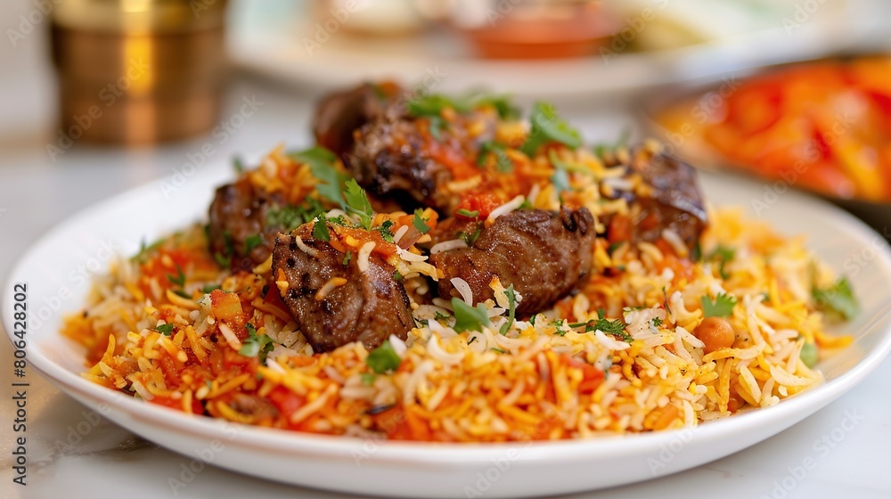 Floating Kabab Biryani on white plate. Generative Ai Floating Kabab Biryani on white plate. Generative Ai