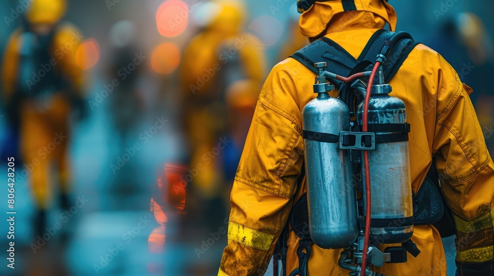 A person in a yellow jacket is wearing a backpack and is walking in the rain. The backpack is silver and has a red strap. The scene is set in a rainy environment A person in a yellow jacket is wearing a backpack and is walking in the rain. The backpack is silver and has a red strap. The scene is set in a rainy environment