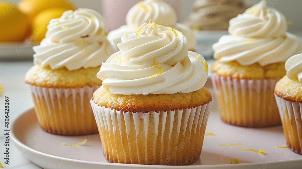 Delicious cupcakes with white cream and lemon zest on plate, closeup. Generative Ai