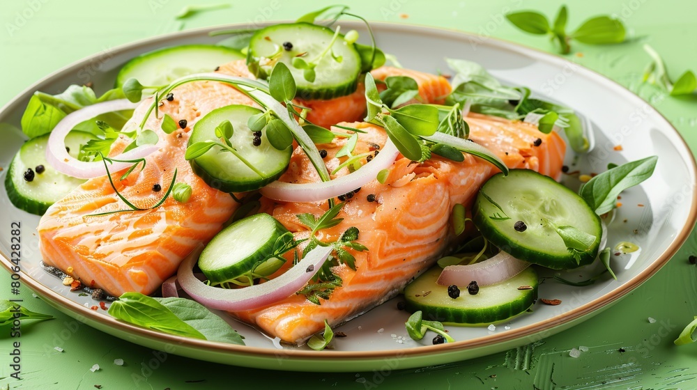 delicious fillet salmon, cucumber, onion, green salad on green background . Generative Ai delicious fillet salmon, cucumber, onion, green salad on green background . Generative Ai