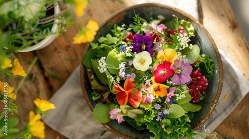 An artful arrangement of leafy greens and colorful flowers in a bowl, placed on a vibrant blue table. The natural landscape is enhanced with this beautiful botanical illustration AIG50