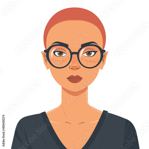 Young adult African woman confident expression wearing glasses. Female portrait vector illustration professional academic look. Black woman serious face, business attire, isolated white background