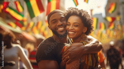 Happy young African American couple celebrating Juneteenth Freedom and African liberation day. Black life matters. Black history month.