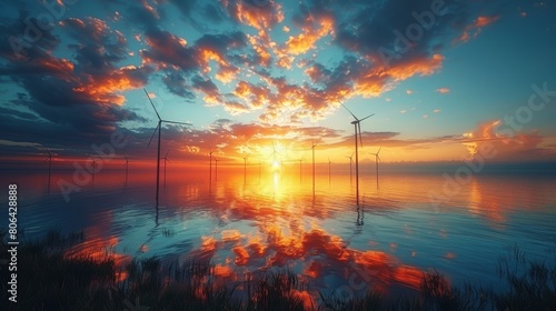 New energy, solar panels and wind turbines against the sunset sky.