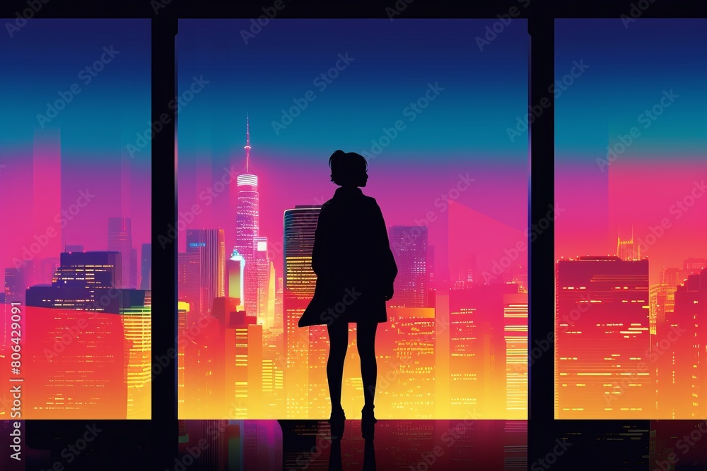 Illustration of a silhouette of a woman with the background of Tokyo City in Japan with retro vibes , vibrant color , City Pop
Illustration of a silhouette of a woman with the background of Tokyo City in Japan with retro vibes , vibrant color , City Pop