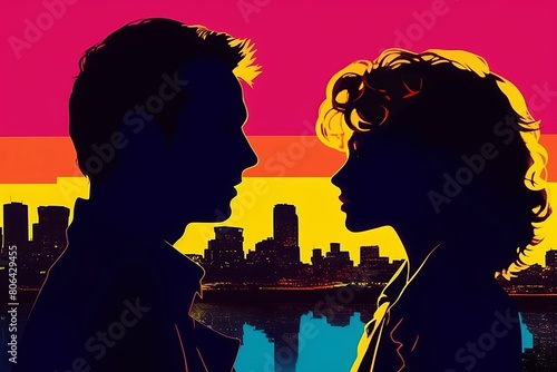 Silhouette of a couple looking at each other with the background of the city, retro style, city pop vibes