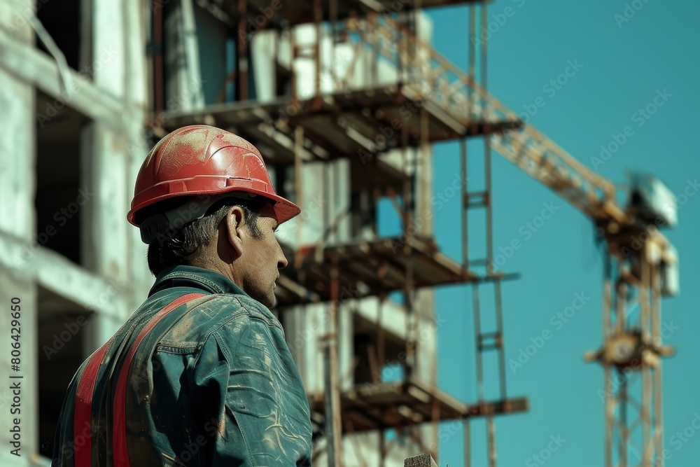 Photo of a construction worker in front of a building under a spring sky, with a blue color palette. In the background are a construction crane and new buildings. The focus is on the back view. Photo of a construction worker in front of a building under a spring sky, with a blue color palette. In the background are a construction crane and new buildings. The focus is on the back view.