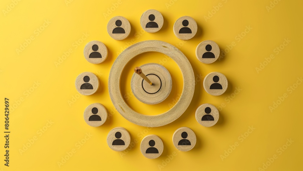Sanium's target audience or customer group on a yellow background with human icons and a target board, depicting the business concept. Sanium's target audience or customer group on a yellow background with human icons and a target board, depicting the business concept.