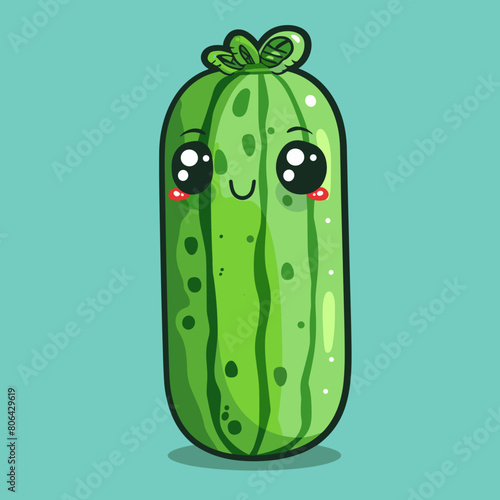 A cartoon cucumber with a big smile on its face. The cucumber is green and has a green stem