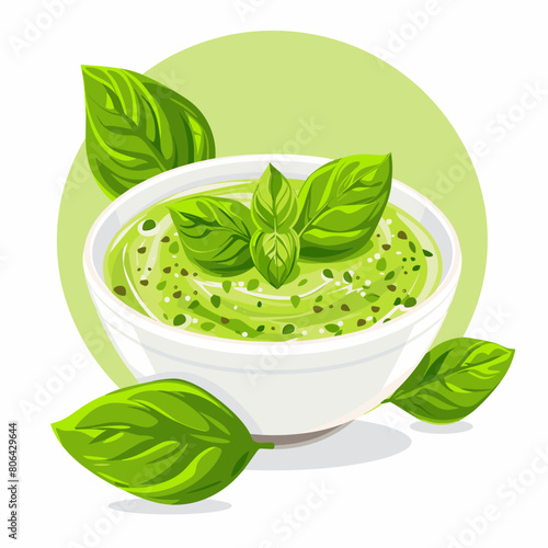 A bowl of green leaves and a green sauce Pesto Genovese